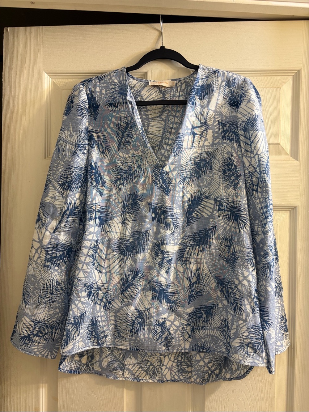Tory Burch Blue and White Leaf-Print V-Neck Blouse